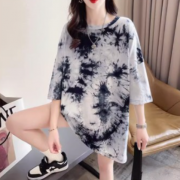 大码女装中长款扎染短袖t恤女夏季新款宽松韩版设计感上衣潮